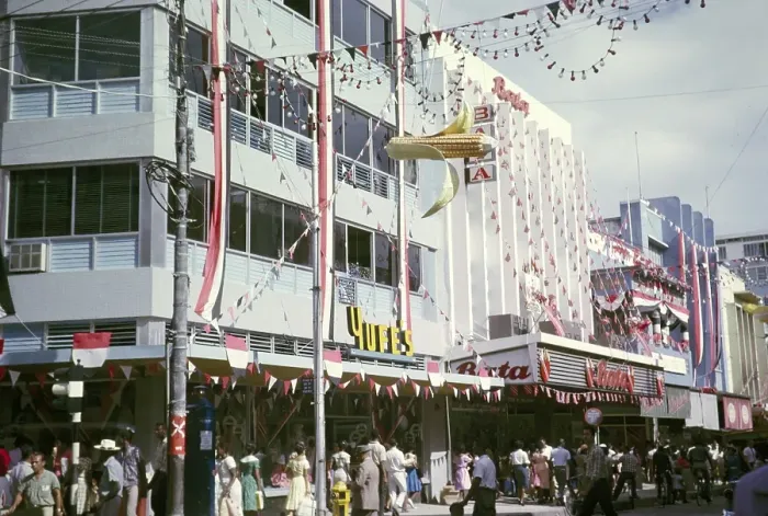 Framed Print : Shops decorated to celebrate independence Yufe's and Bata, Frederick Street, Port of Spain, Trinidad, 1962