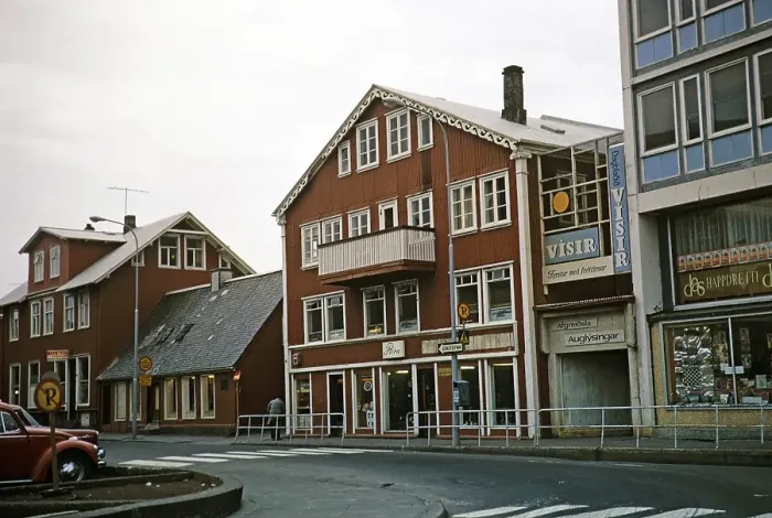 Framed Print : Shops with historic buildings in the city centre, Reykjavik, Iceland 1972