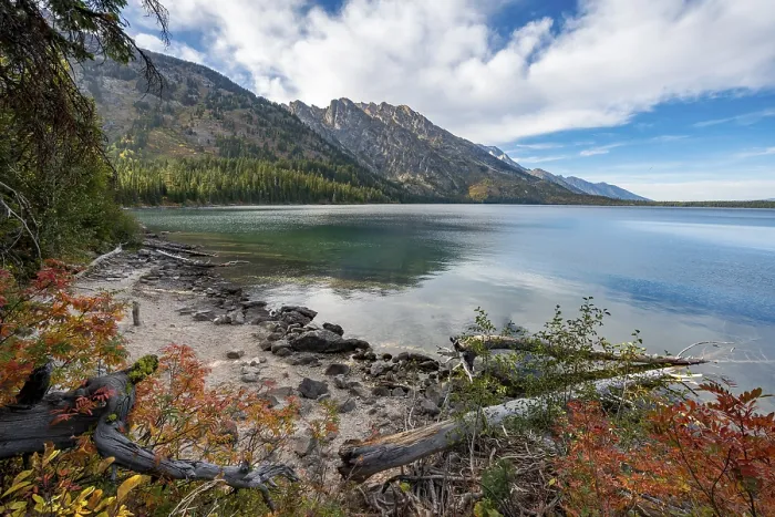 Framed Print : Shore with autumnal trees, lake and mountains