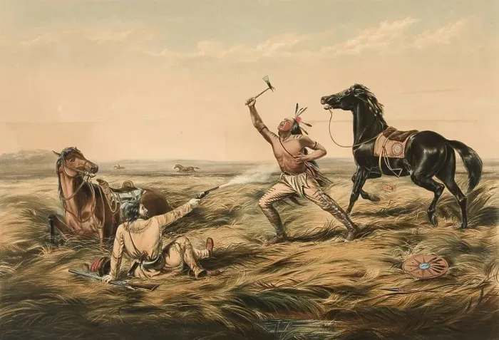 Framed Print : The Last Shot, Trapper shoots the attacking Indian with the last bullet