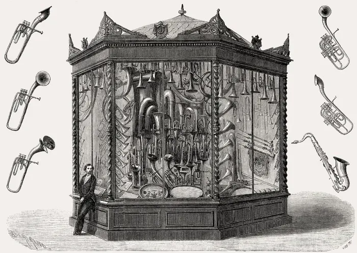 Framed Print : The showcase of Adolphe Sax, International Exhibition of 1862