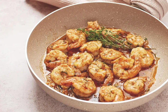 Framed Print : Shrimp dish cooked, in savory sauce