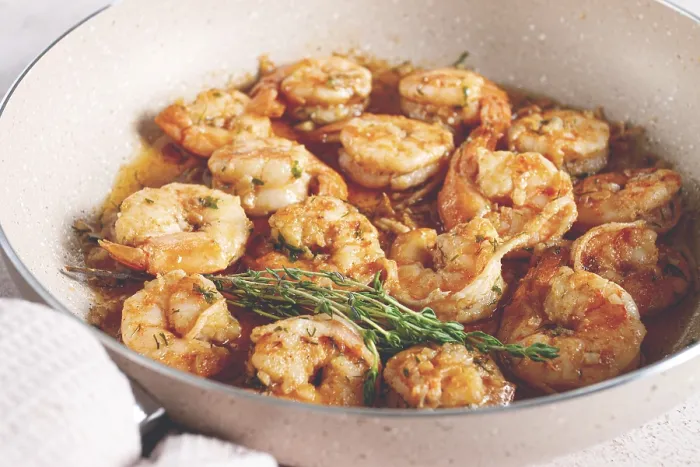 Framed Print : Shrimp dish cooked, in savory sauce