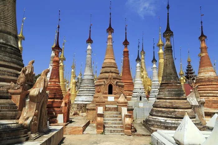 Framed Print : Shwe Inn Thein Stupas on Inle Lake in Myanmar