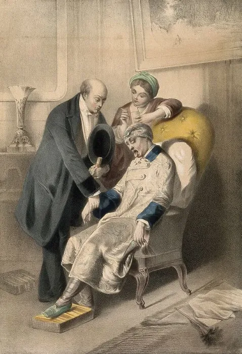 Framed Print : A sick man sticks out his tongue while a doctor takes his pulse Framed Print : A sick man sticks out his tongue while a doctor takes his pulse