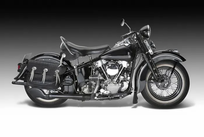 Framed Print : Sideways shot of a vintage motorbike in gradient back