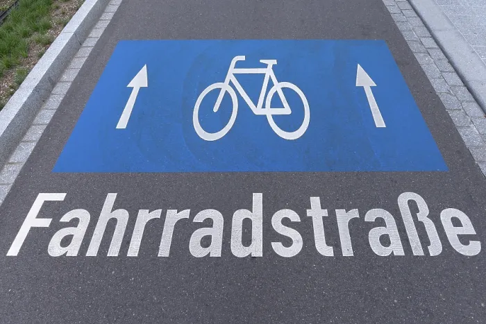 Framed Print : Sign bicycle path on the road, Freiburg