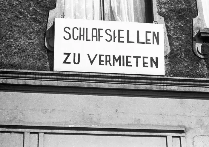 Framed Print : A sign in the north of Dortmund announces Dormitories for rent