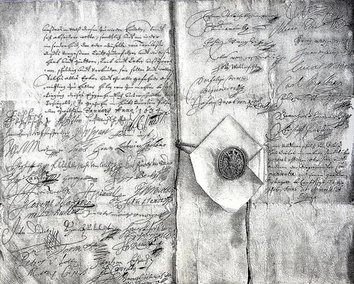 Framed Print : The signatures of the forty-nine officers of Wallenstein under the first Pilsener Conclusion