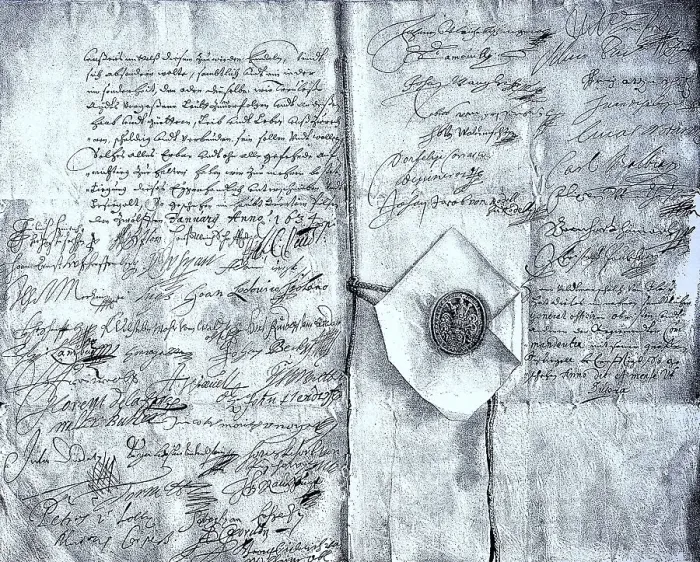 Framed Print : The signatures of Wallenstein's forty-nine officers as part of the first Pilsen Conclusion