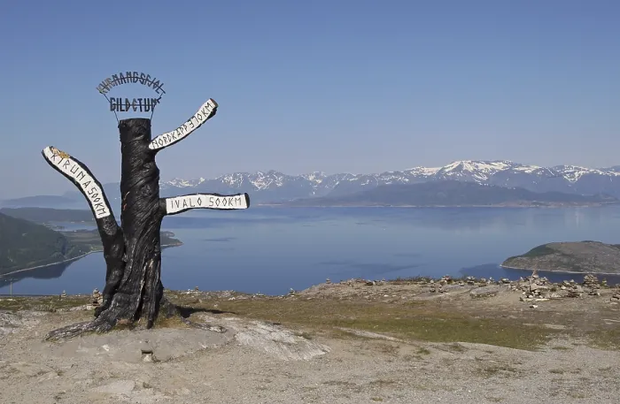 Framed Print : Signpost near Olderdalen close to the glacier Oksfjordjokelen