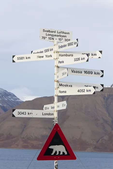 Framed Print : Signpost and Polar Bear Warning Sign on Spitsbergen