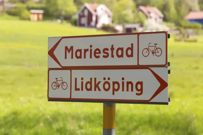 Framed Print : Signs, cycling path to Mariestad and Lidkoeping