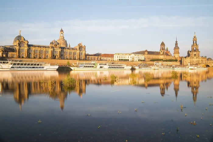 Framed Print : Silhouette of the Old Town with reflection in the Elbe in the morning Framed Print : Silhouette of the Old Town with reflection in the Elbe in the morning
