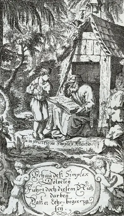 Framed Print : Simplicius and the Hermit, reproduction of a copperplate from Grimmelhausen's Simplicissimus