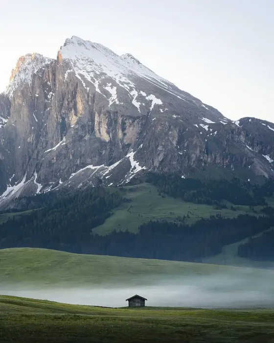 Framed Print : Single hut on foggy meadow in front of Plattkofel