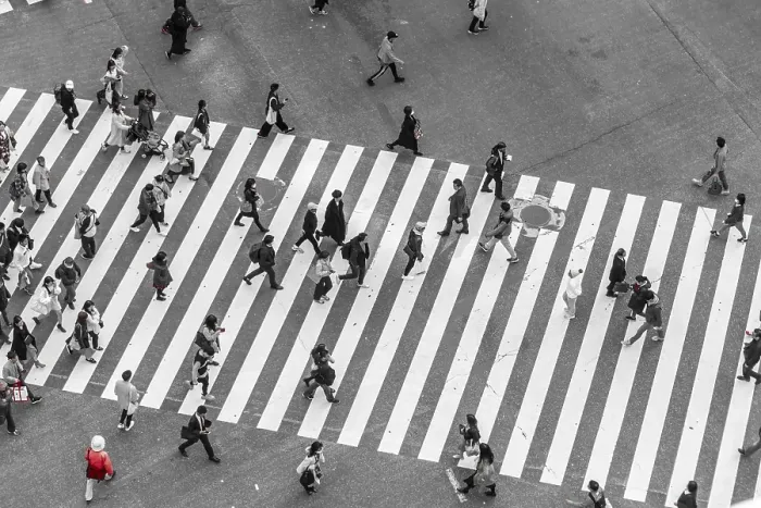 Framed Print : Single red person crosses, Shibuya crossing