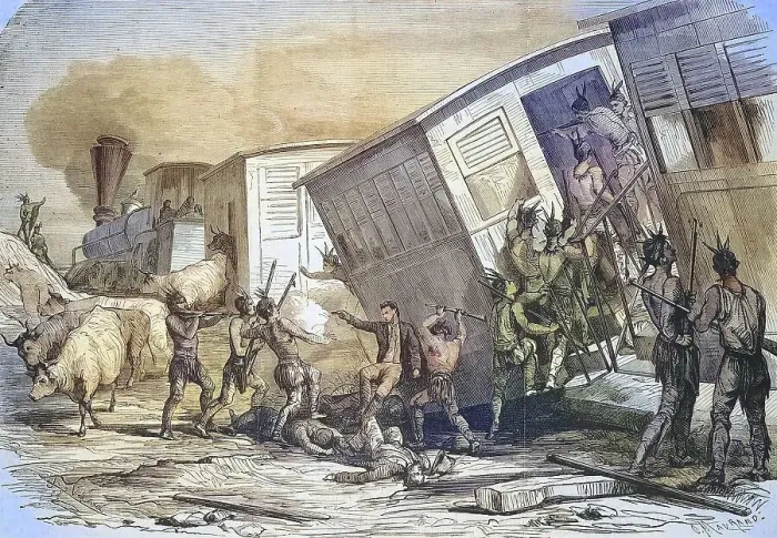 Framed Print : Sioux Indians attacking a train on the Pacific Railroad line in the western United States