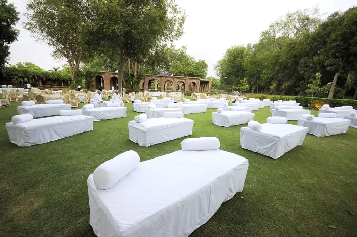 Framed Print : Sitting arrangement in garden at balsamand lake palace hotel Framed Print : Sitting arrangement in garden at balsamand lake palace hotel