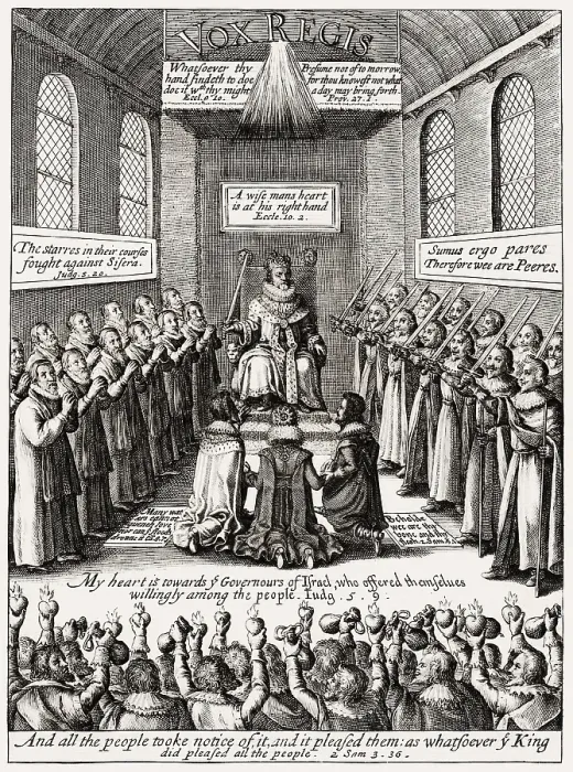 Framed Print : Sitting on the throne in parliament, James VI and I, James Charles Stuart, 1566 - 1625, King of England, Scotland and Ireland, digitally edited