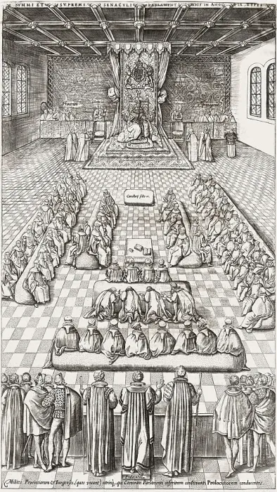 Framed Print : Sitting on the throne in parliament, James VI and I, James Charles Stuart, 1566 - 1625, King of England, Scotland and Ireland, digitally edited