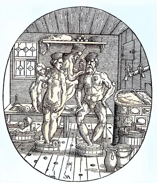 Framed Print : Situation in a Bathing house in the 16th century Framed Print : Situation in a Bathing house in the 16th century