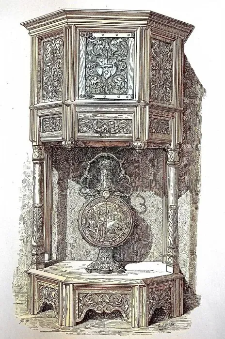 Framed Print : Six-sided credenza with carved panels from the 16th century