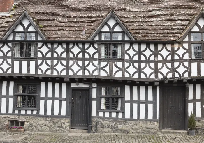 Framed Print : Sixteenth century half timbered architecture details of buildings in High Street