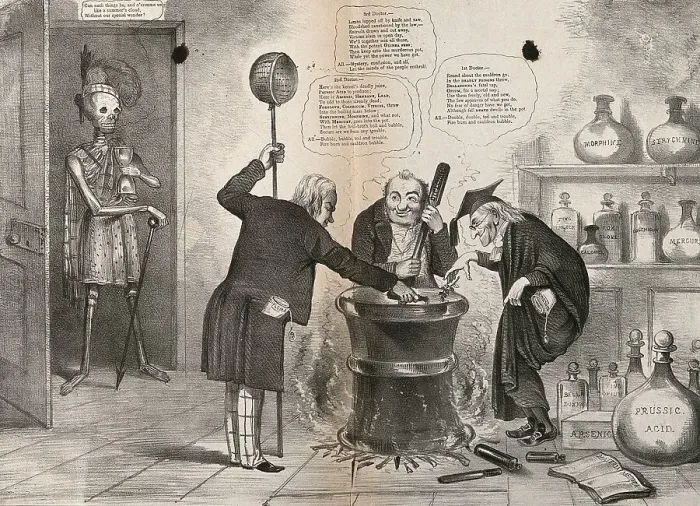Framed Print : A skeletonised figure watching three doctors around a cauldron Framed Print : A skeletonised figure watching three doctors around a cauldron