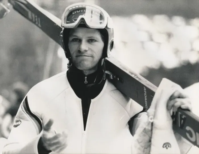 Framed Print : Ski jumping, World Cup, Hubert Schwarz (DEU) with skis on his shoulder, 1989, Germany, Europe