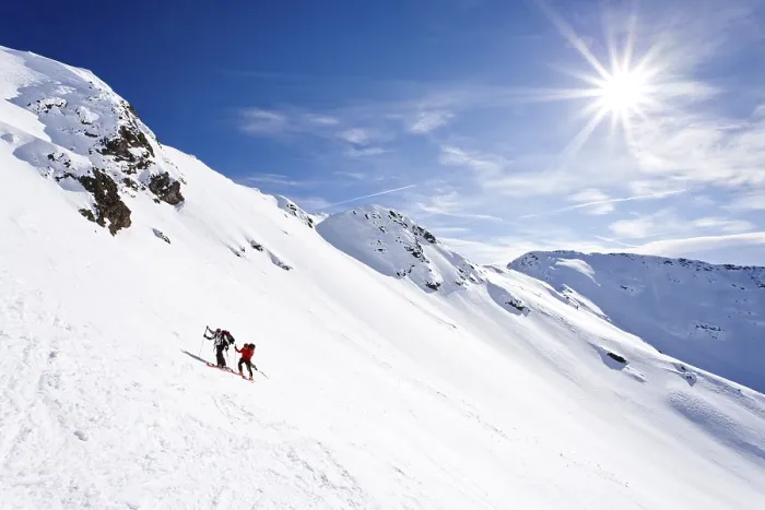 Framed Print : Ski tourers climbing Mt Hoertlahner or Punta Lavina above Durnholz