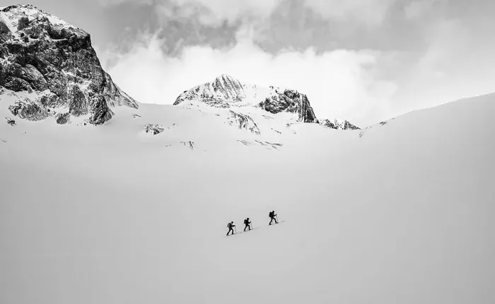 Framed Print : Three ski tourers in a lonely landscape Framed Print : Three ski tourers in a lonely landscape