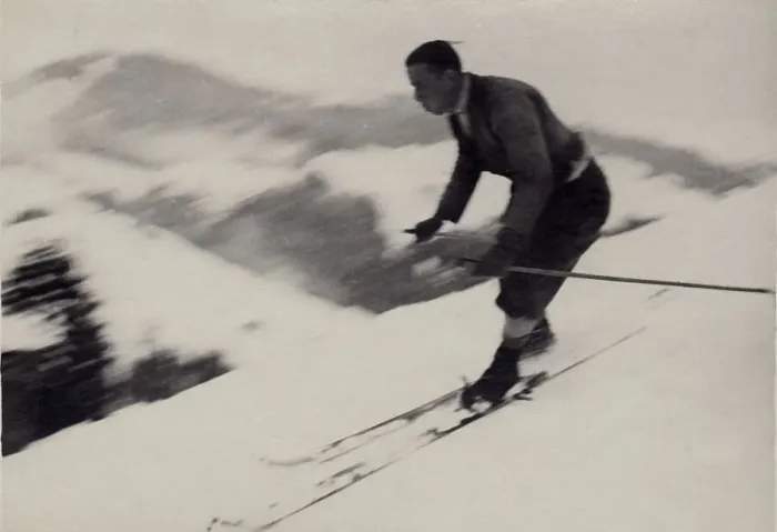 Framed Print : Skier on a slope, historic photo from 1936