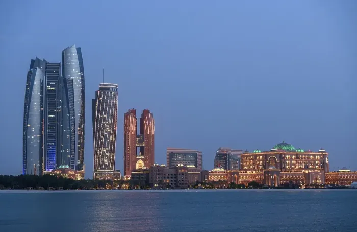 Framed Print : Skyline at dusk, Etihad Towers and Emirates Palace Hotel, Abu Dhabi, Emirate of Abu Dhabi, United Arab Emirates, Asia