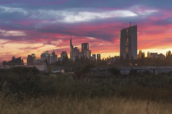 Framed Print : Skyline in golden-pink evening light