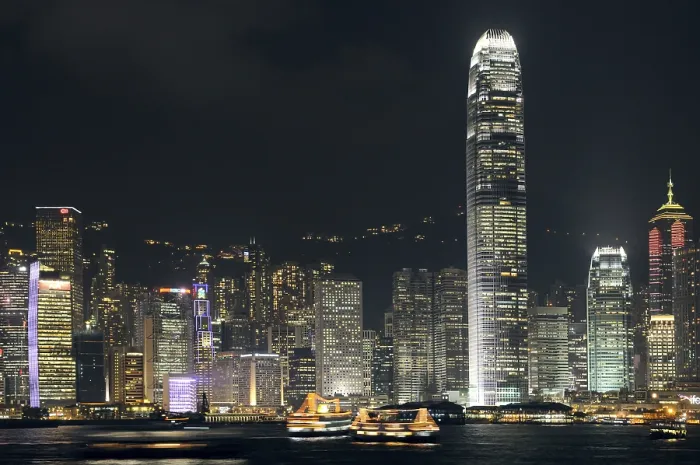 Framed Print : Skyline of Hong Kong Island with a laser show