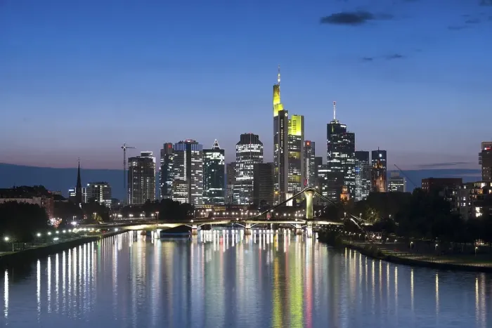 Framed Print : Skyline with river Main at dusk Framed Print : Skyline with river Main at dusk