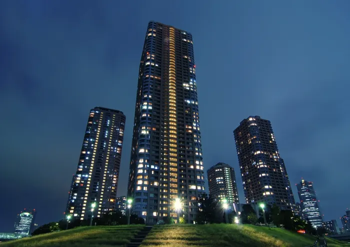 Framed Print : Skyscraper buildings with night illumination inside modern Tokyo Framed Print : Skyscraper buildings with night illumination inside modern Tokyo