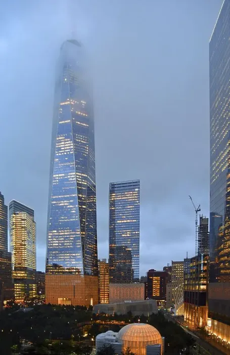 Framed Print : Skyscraper One World Trade Centre or Freedom Tower at the top shrouded in fog