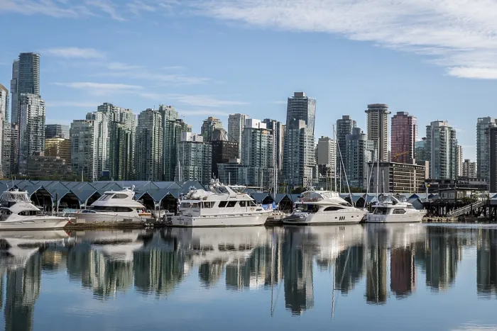 Framed Print : Skyscrapers and sailboats in the marina