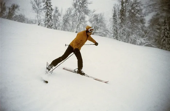 Framed Print : Slalom 1978. A man going dowhill on slalom skis