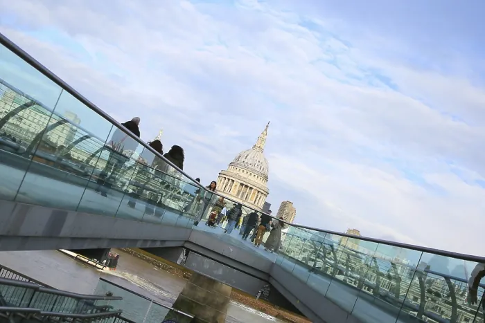 Framed Print : Slanted perspective of a footbridge with a view of an iconic dome
