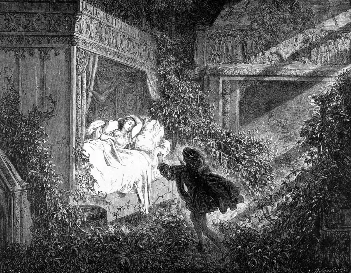 Framed Print : Sleeping Beauty, prince finds sleeping princess in a room full of roses Framed Print : Sleeping Beauty, prince finds sleeping princess in a room full of roses