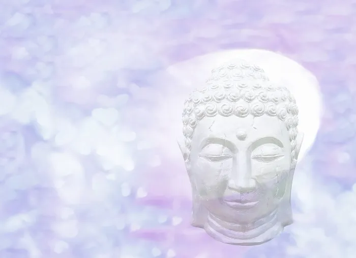Framed Print : Sleeping Buddha head abstract with halo on pastel violet blue color heart pattern