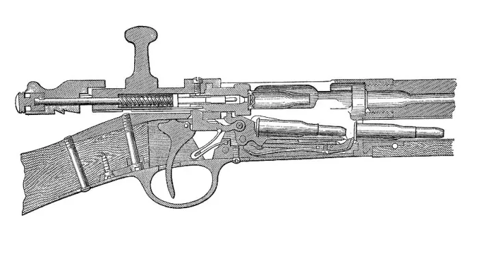 Framed Print : Small arms 1895: French rifle M86 in front of completion of opening Framed Print : Small arms 1895: French rifle M86 in front of completion of opening