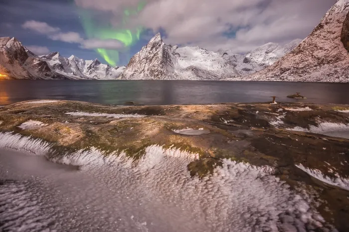 Framed Print : Small aurora with clouds, rocks and ice
