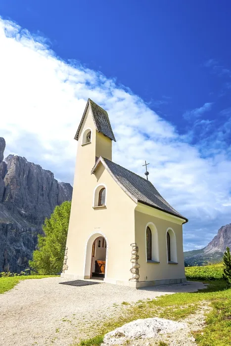 Framed Print : Small church with a bell tower near the gardena pass