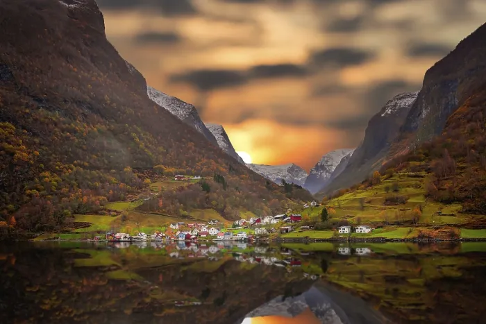 Framed Print : Small homes on the shore of a fjord photographed from a Fjords sightseeing cruise boat leaving Flam in autumn Framed Print : Small homes on the shore of a fjord photographed from a Fjords sightseeing cruise boat leaving Flam in autumn