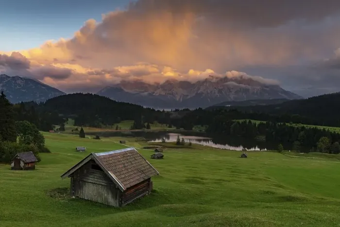 Framed Print : Small hut on mountain meadow with Geroldsee