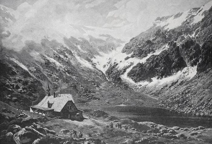 Framed Print : A small hut in a snowy valley, surrounded by high mountains Framed Print : A small hut in a snowy valley, surrounded by high mountains
